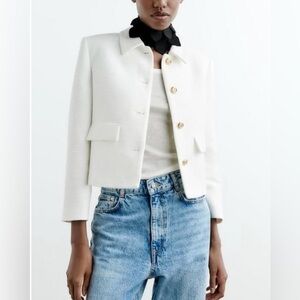 ZARA Textured Cropped Blazer Jacket with Gold Buttons
